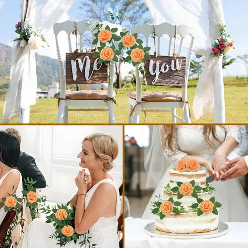 Miniatura 5 de Flores artificiales naranjas realistas, 50 rosas falsas de aspecto real con tallo para ramos de boda, centros de mesa, despedidas de soltera