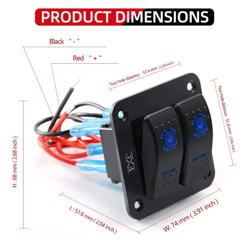 Miniatura 6 de FXC Interruptor basculante Panel de aluminio 2 Gang Interruptores de palanca Dash 5 Pin ON/OFF 2 LED retroiluminado para barco coche azul marino