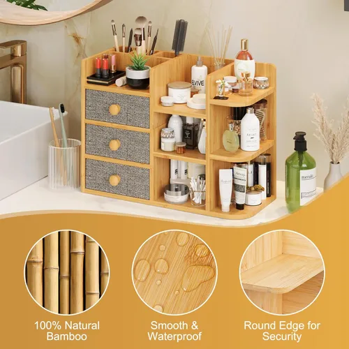 Miniatura 4 de Organizador de maquillaje grande de bambú para tocador, organizador de baño de bambú de 3 niveles de gran capacidad y almacenamiento, soporte