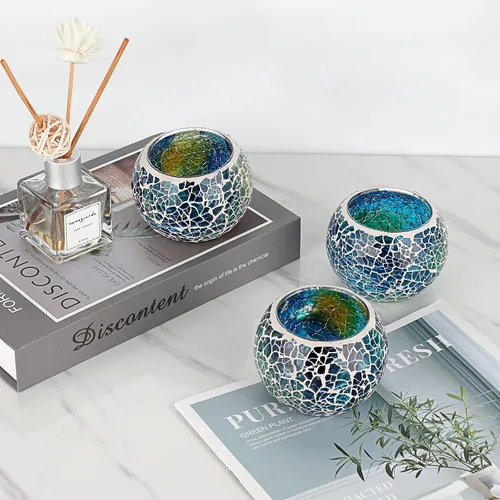 Miniatura 7 de OwnMy Juego de 3 portavelas de té de vidrio de mosaico azul, cuenco redondo, portavelas votivas, candelabros de mosaico de vidrio, candelitas