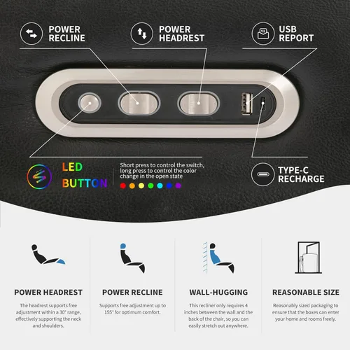 Miniatura 6 de Airadlis Asientos de cine en casa, sillas de cine de doble potencia, sofá reclinable de teatro con iluminación ambiental de 7 colores, almohada