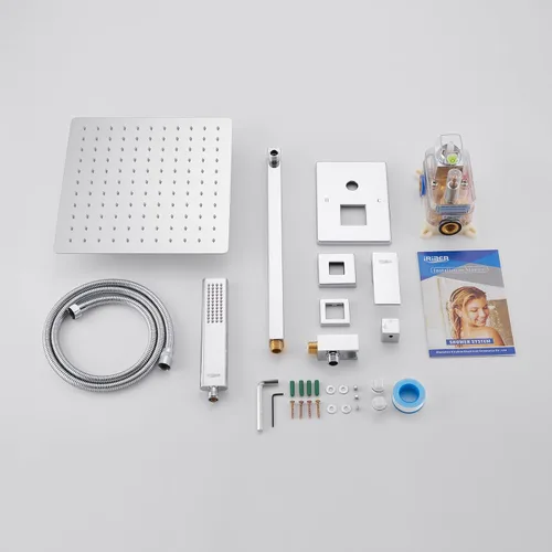 Miniatura 7 de Sistema de ducha de Iriber cromado, juego combinado de cabezal de ducha de lluvia de alta presión de 10 pulgadas y grifo de ducha Cromo 04