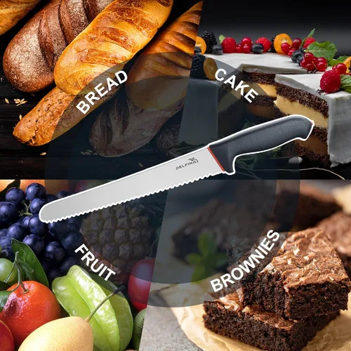 Miniatura 5 de DELFINA Cuchillo de pan de 10 pulgadas para masa madre de pan casero con agarre suave, cuchillo de pan dentado, borde ondulado, con funda para panes