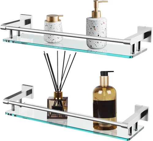 Miniatura 6 de Estante de vidrio de 20 pulgadas para baño, estantes de vidrio de níquel cepillado para pared con barandilla de acero inoxidable suave, estante