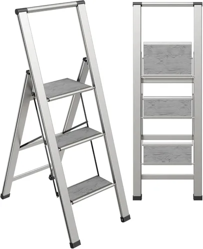 Miniatura 10 de Escalera plegable de 1 escalón, decorativa, hermosa caoba y aluminio negro, perfil ultra delgado, peldaños antideslizantes, resistente y portátil