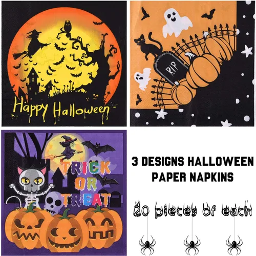 Miniatura 2 de ASTARON Paquete de 60 servilletas de Halloween de 13 x 13 pulgadas, servilletas de papel desechables para decoración de mesa de Halloween