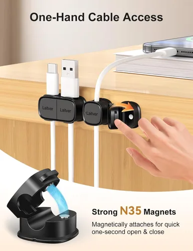 Miniatura 4 de Paquete de 6 clips magnéticos para cables [apertura/bloqueo en 1s], organizador y sujetador de cables Laitver con adhesivo fuerte para escritorio