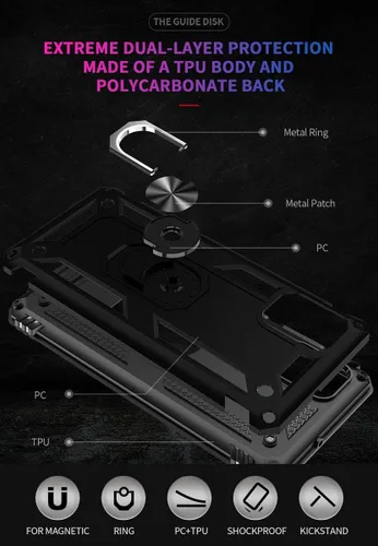 Miniatura 3 de Funda A71 5G para Samsung Galaxy A71 5G, con anillo de soporte, soporte ajustable, grado militar, protección resistente, a prueba de golpes, Negro