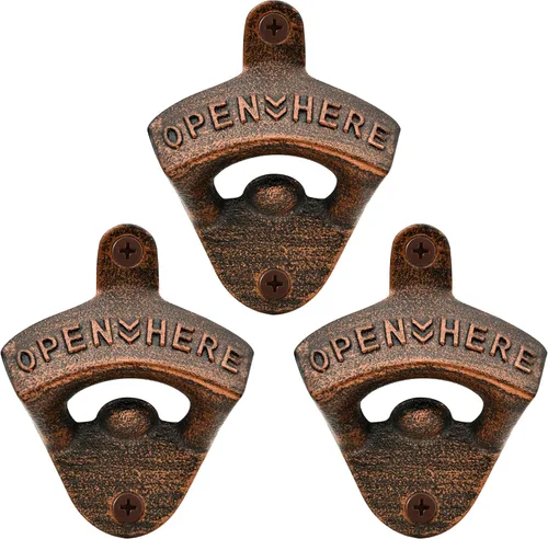 Abrebotellas de cobre vintage montado en la pared de hierro fundido conjunto de cerveza ideal para hombres mujeres (3 piezas)