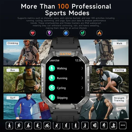 Miniatura 3 de Relojes inteligentes militares para hombres, reloj de fitness, IP68 impermeable 20 días de espera, pantalla de 2.02 pulgadas, reloj táctico