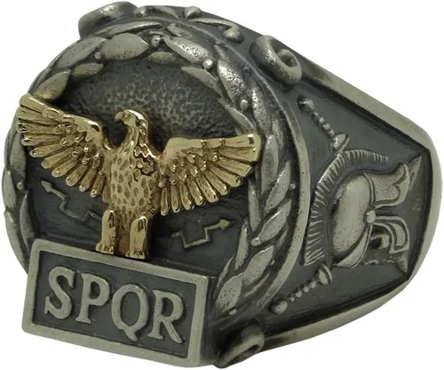 Miniatura 8 de Anillo de plata de ley y oro macizo amarillo de 10 quilates hecho a medida con águila del imperio romano SPQR Skull Biker para hombre