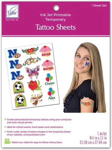 June Tailor JT-481 lámina de tatuajes temporales imprimibles a inyección de tinta, 8.5 por 11 pulgadas, blanco.