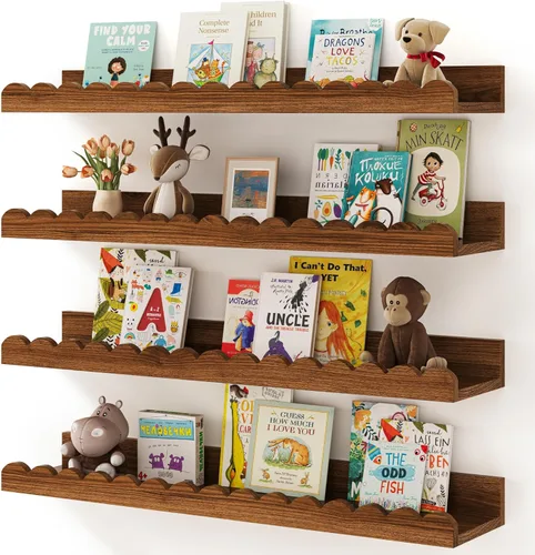 Miniatura 9 de Shario Estantes para libros de guardería, paquete de 4 estantes flotantes para pared de niños, estantes festoneados, estantes de pared