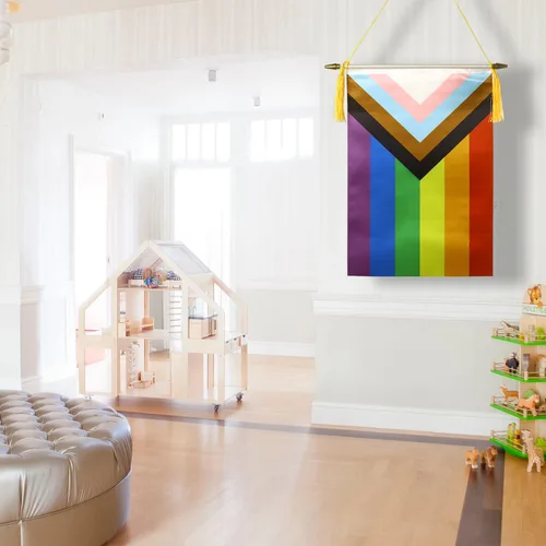 Miniatura 8 de CANTENDO Paquete de 2 banderas de pared con diseño de arco iris del progreso del orgullo progresivo, bandera colgante gay LGBTQ con poste colgante