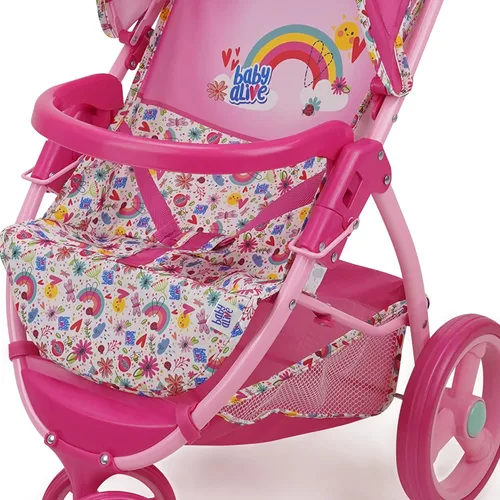 Miniatura 7 de Baby Alive: Cochecito de muñeca para correr, rosa y arcoíris, se adapta a muñecas de hasta 24 pulgadas, toldo retráctil, barra de parachoques