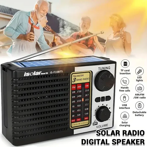 Miniatura 2 de Radio solar portátil, bandas AM/FM/SW, altavoz digital con fuerte recepción, luces LED, carga USB, batería desmontable para acampar y montañismo al