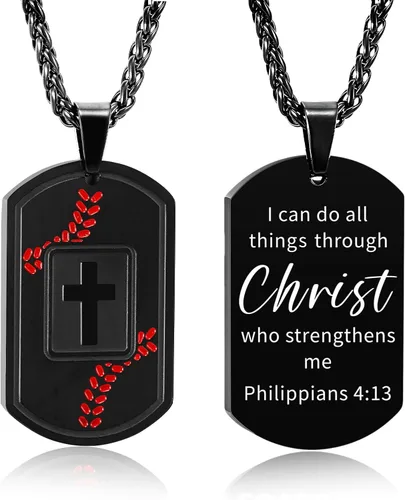 Miniatura 17 de Collar de cruz con versículo bíblico de béisbol, acero inoxidable, dije de cruz en tono negro/dorado/plateado, regalos religiosos, joyería deportiva