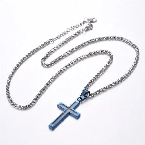 Miniatura 6 de U7 Collar de cruz simple para hombres y mujeres, acero inoxidable, plateado, negro, oro, cruz latina, colgante, grabable, longitud de 22 a 24