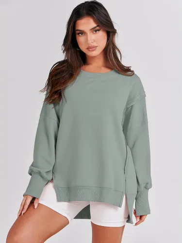 Miniatura 2 de ANRABESS Sudadera de gran tamaño para mujer, cuello redondo, manga larga, casual, con abertura, sin botones, ropa de otoño