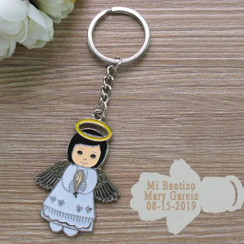 Regalo personalizado de primera comunión (12 piezas) - Llavero de metal de niña ángel blanco, regalo de bautizo para invitados con grabado/bautismo