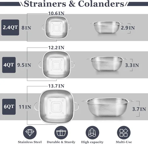 Miniatura 2 de E-far Paquete de 3 coladores para cocina, colador cuadrado de metal de acero inoxidable con asa para drenar alimentos, pasta, verduras