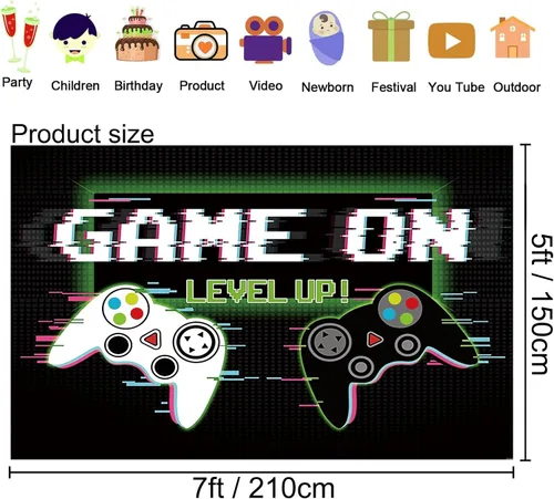Miniatura 7 de Telón de fondo de videojuegos de 7 x 5 pies, accesorios de fotografía de juego sobre fondo, pancarta de fotos de feliz cumpleaños para fanáticos