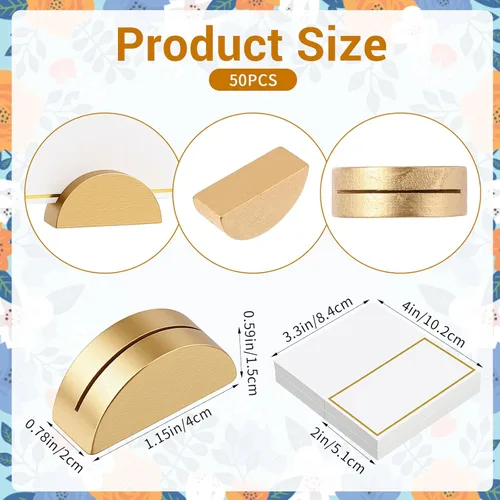 Miniatura 2 de 50 soportes dorados para números de mesa, tarjeteros de madera con 50 tarjetas, soportes de números de mesa semicirculares para restaurantes, bodas