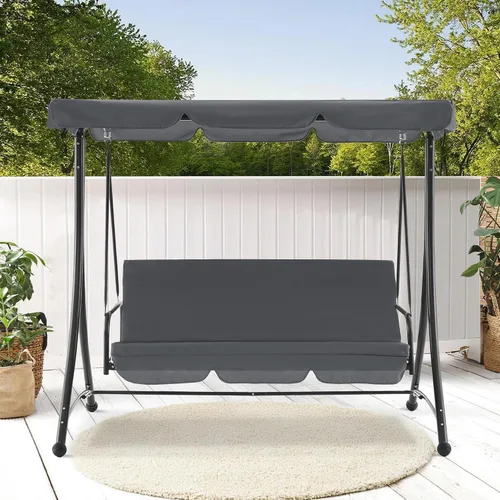 Miniatura 4 de MCombo Columpios de patio de 3 asientos con marco de acero resistente a la intemperie, toldo ajustable, columpio reclinable para porche al aire Gris