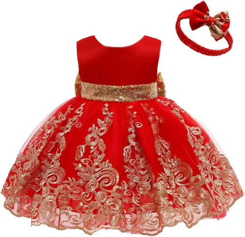 Miniatura 2 de 0-6T - Vestido de tutú de encaje bordado con lentejuelas y lazo grande para fiestas de bebé y niñas pequeñas con tocado