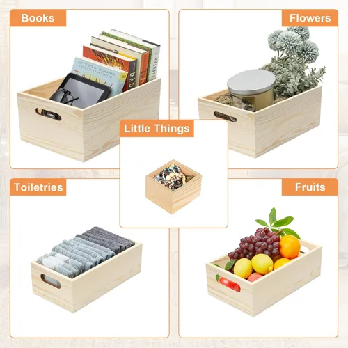 Miniatura 7 de Paquete de 6 cajas de madera sin terminar, 5 tamaños, asas naturales, cajas de madera, organizador de almacenamiento, caja de manualidades, caja