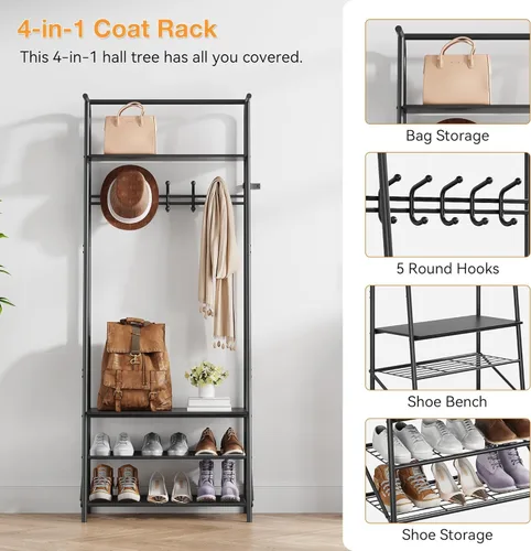Miniatura 5 de IDEALHOUSE Perchero para zapatos con 5 ganchos, banco de entrada con almacenamiento, muebles decorativos de aspecto de madera con marco de metal