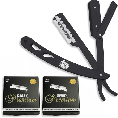 the shave factory Kit de maquinilla de afeitar de borde recto, con una sola afeitadora de acero inoxidable para hombres (negro/200 cuchillas Derby