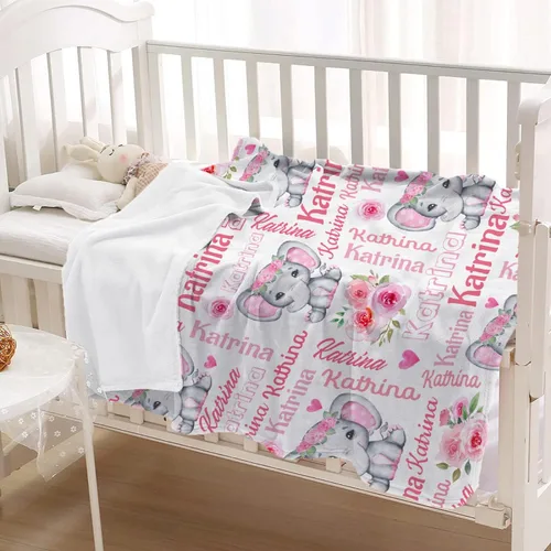 Miniatura 2 de Manta personalizada de elefante bebé para niñas y mujeres, manta personalizada con nombre, mantas de franela suave y acogedora para sofá, cama