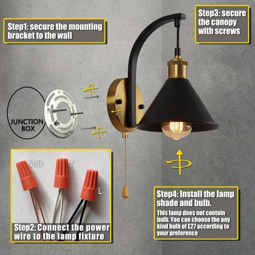 Miniatura 7 de Lightess Apliques de Pared Industriales con Interruptor de Cordón, Luz de Pared Montada Estilo Granja Negro, Accesorio de Iluminación de Pared