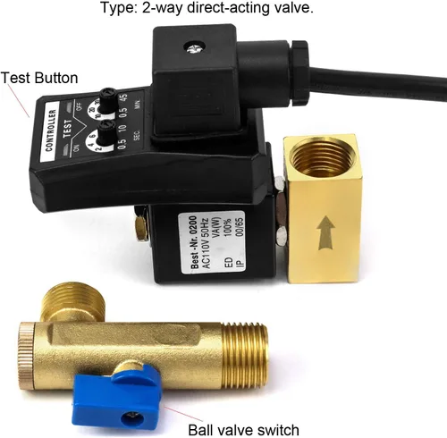 Miniatura 3 de QWORK Válvula automática de drenaje de condensado temporizada, 1/2" CA 110V, válvula de drenaje de acción directa de 2 vías, enchufe EE. UU