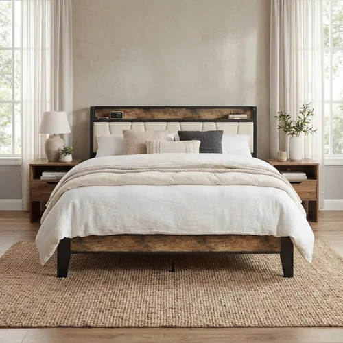 Miniatura 199 de LIKIMIO Base de cama Queen, cabecera de almacenamiento con estación de carga, sólida y estable, sin ruido, no necesita somier, fácil montaje Vintage