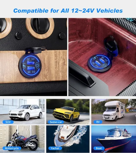 Miniatura 7 de Paquete de 2 enchufes de carga rápida 3.0 con cargador USB dual, toma de corriente USB impermeable de 36 W, carga rápida con interruptor táctil