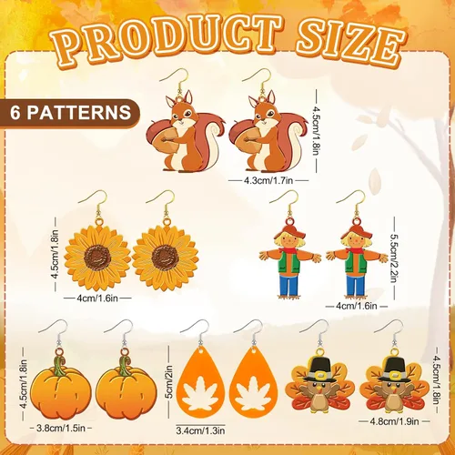 Miniatura 2 de Whaline 6 pares de moldes de resina para aretes de Acción de Gracias de otoño con 40 ganchos para aretes, girasol, calabaza, pavo, espantapájaros