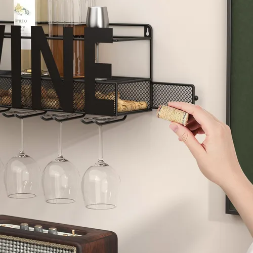 Miniatura 4 de Estante de metal para vino montado en la pared, soporte para botella de vino, soporte para botella de vino, soporte para 4 vasos de tallo largo