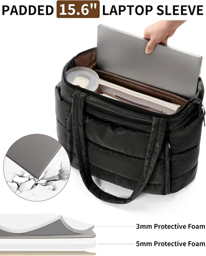 Miniatura 8 de Bolsa Tote Acolchada para Mujeres, Bolsa de Mano de Trabajo Ligera y Esponjosa para Maestras y Enfermeras, Bolsa de Hombro Acolchada para Escuela