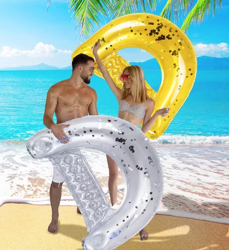 Miniatura 5 de POZA Silla flotante inflable para piscina, tumbona lujosa rellena de confeti brillante, 2 portavasos y asas integrados, silla flotante de agua