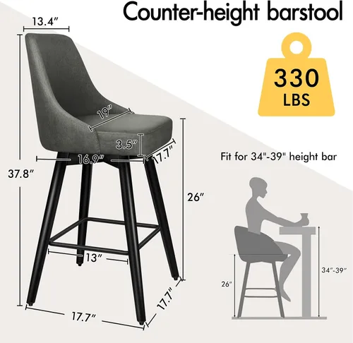 Miniatura 2 de ALFORDSON Juego de 2 taburetes de bar de 26 pulgadas de altura de mostrador, modernos taburetes giratorios con respaldo completo, sillas de bar