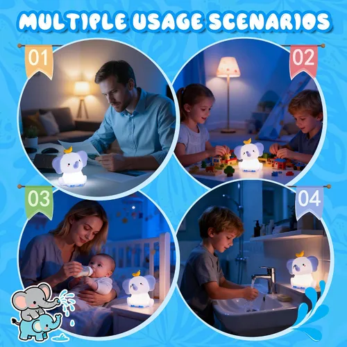 Miniatura 5 de Ammonite Luz nocturna de elefante azul, lámpara de bebé de elefante de silicona suave con 2 niveles de atenuación y temporizador de 20 minutos, luz