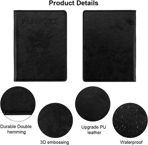Miniatura 4 de Funda de cuero para pasaporte - Cartera de pasaporte de viaje para mujeres y hombres, artículos esenciales para el aeropuerto con protector, Negro