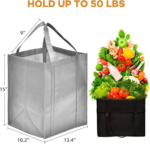 Miniatura 3 de JERIA Paquete de 24 bolsas de comestibles reutilizables, bolsas de compras grandes y plegables lavables, bolsas de mano resistentes con asas Negro
