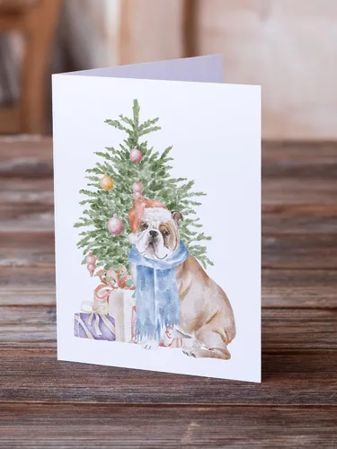 Miniatura 2 de Caroline's Treasures CK8213GCA7P Bulldog, Bulldog Inglés #2 - Tarjetas de felicitación y sobres de árbol de Navidad, paquete de 8 tarjetas en blanco