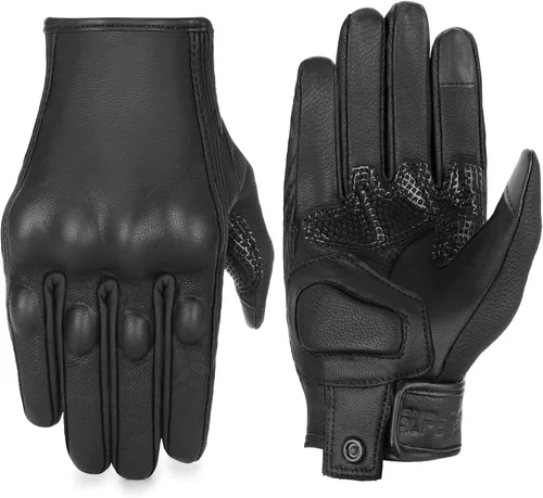 Miniatura 7 de Guantes completos de motocicleta para mujer, con nudillos reforzados, de piel blindada, para usar con pantalla táctil, S Cuero negro con línea rosa