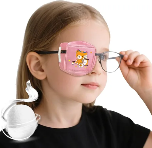 Parches para ojos para niños, parche para ojos de niño y niña, parche médico para niños con ojo perezoso (oso rosa, derecho)