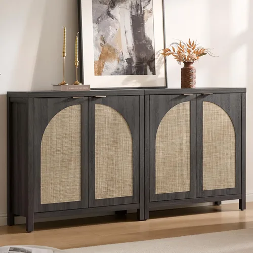 Miniatura 10 de SICOTAS Juego de 3 aparadores de ratán de 102 pulgadas de ancho, armario de almacenamiento moderno Credenza con puertas de arco y estantes, Roble