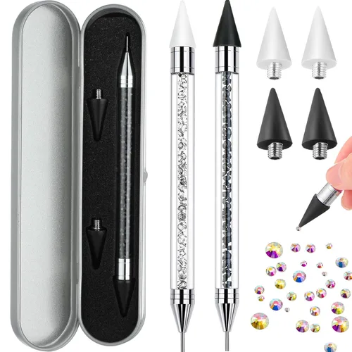 Miniatura 9 de 2 piezas de lápiz de cera con punta de diamante de imitación y pluma de punteado, selector de gemas de diamante de imitación de doble punta, lápiz